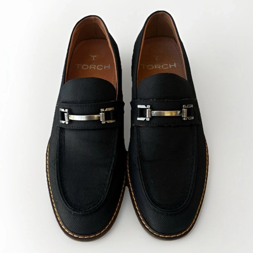 Torch Black Slip-On Loafers Mens Sz 8 Textile Leather Shoes Classic Casual Solid